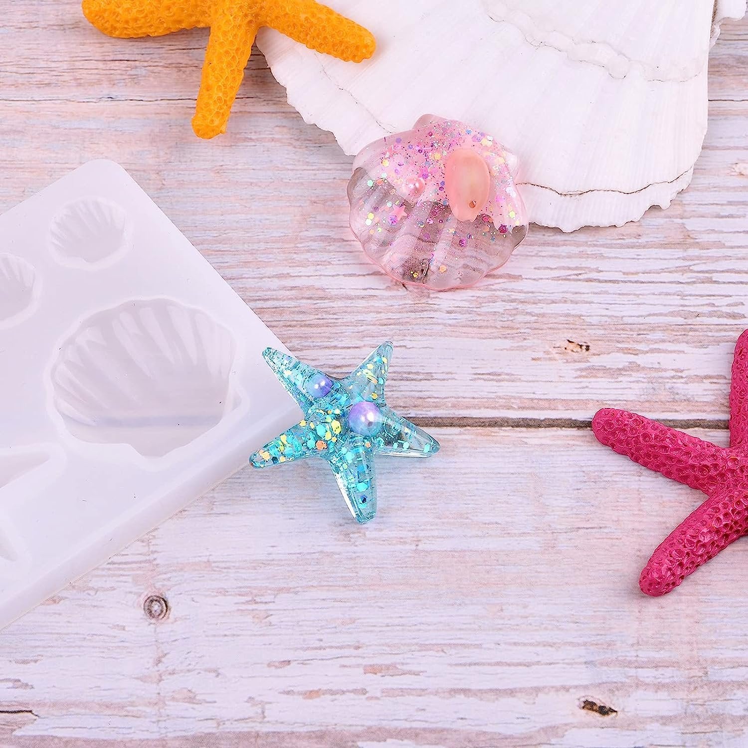 6 Cavity Mini 3D Sea Shell & Star Fish Shaped Clear