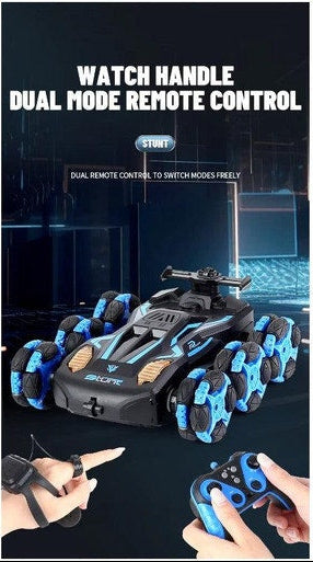 Remote control vehicle with dual mode remote control system on a dark background