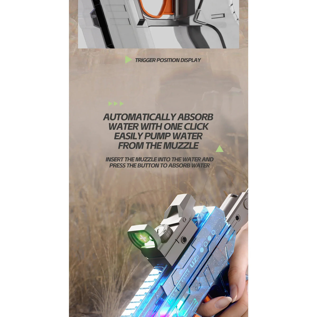 LED UZI Electric Water Gun Fire High Powered Realistic Toy Summer Outdoor