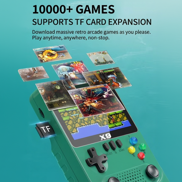 X9 gaming console with screen displaying games, against a teal background.