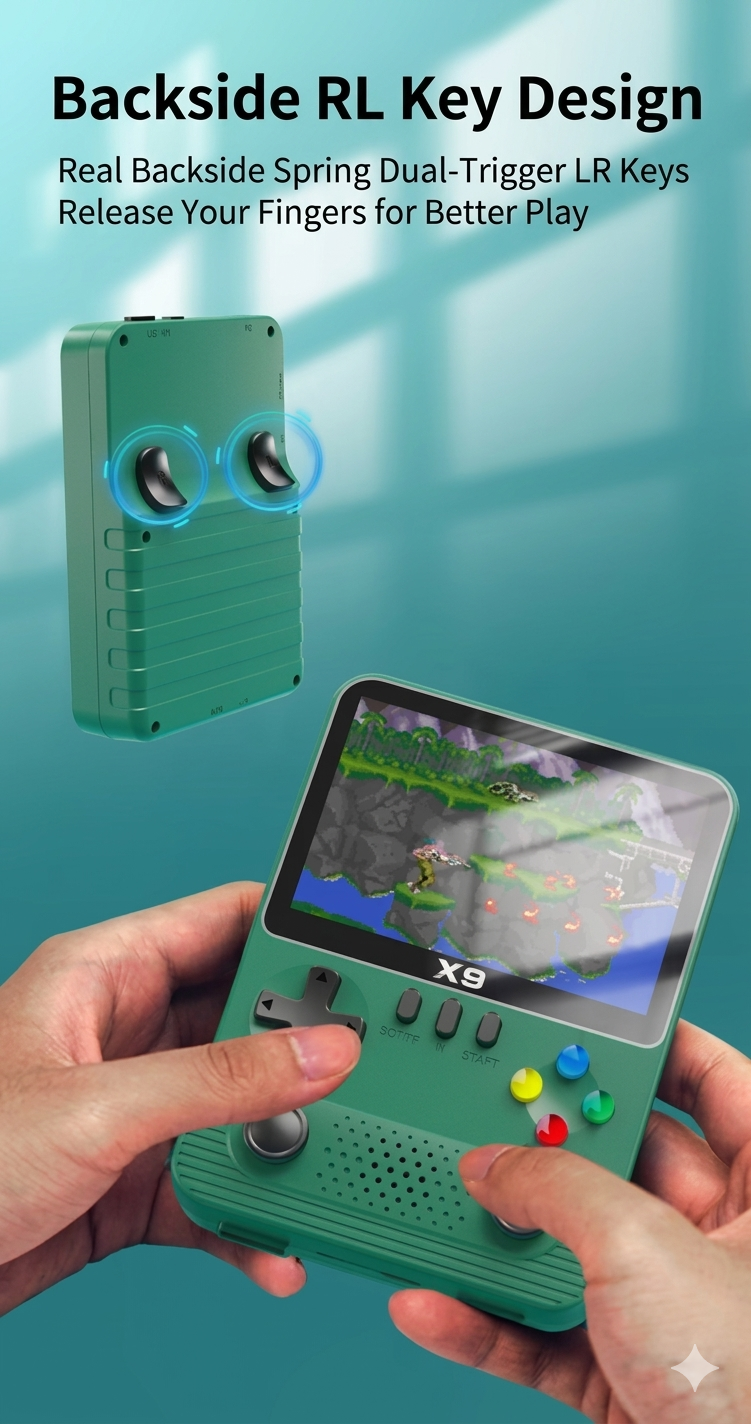 X9 Handheld gaming console with dual-trigger LR keys on a teal background