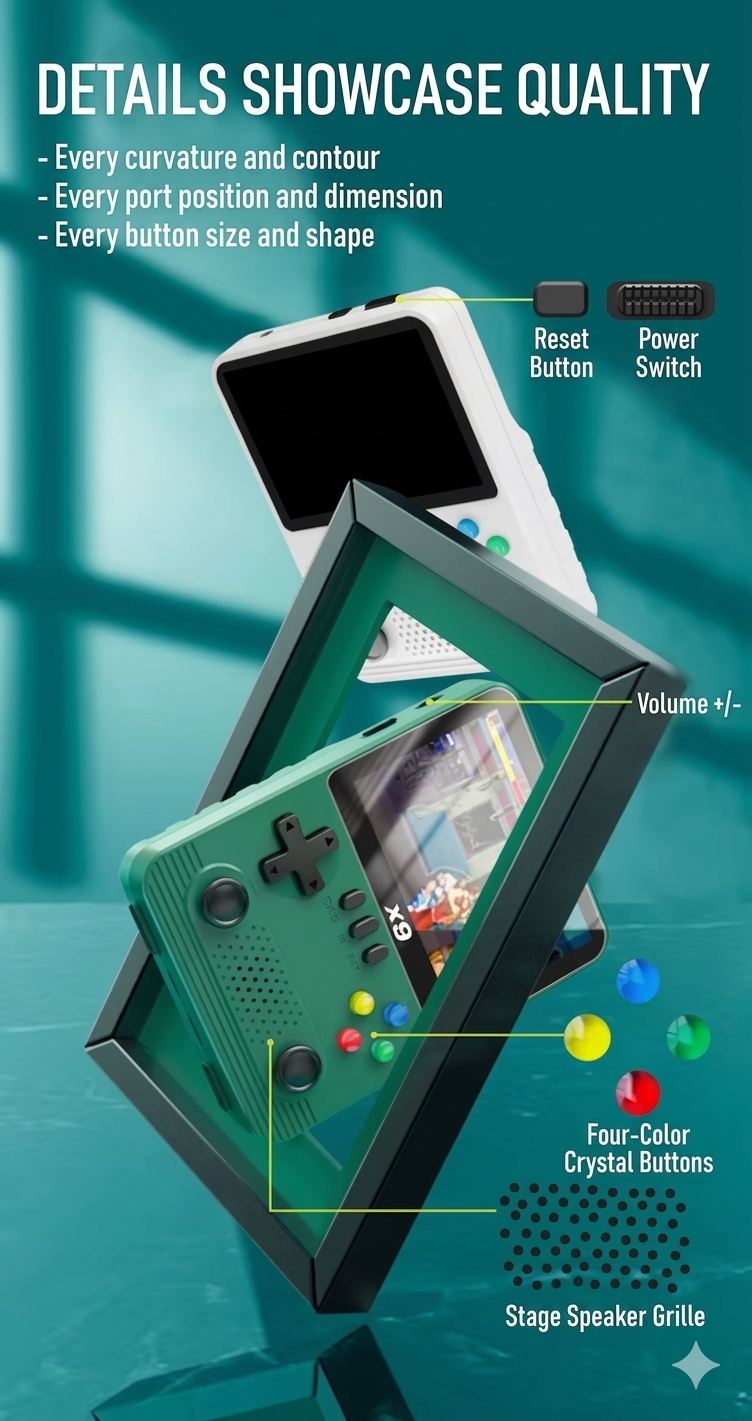 X9 gaming console with screen displaying games, against a teal background.