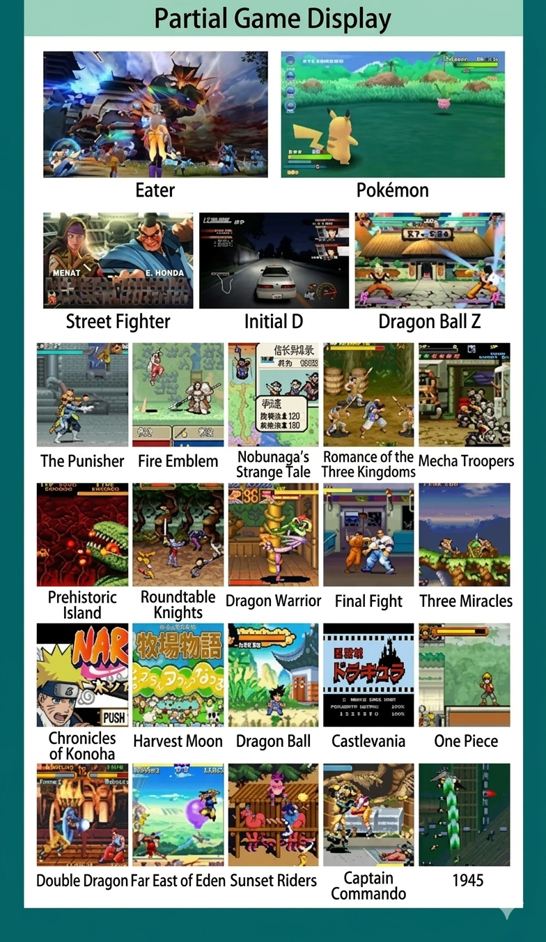 Grid of video game partial displays with titles and logos
