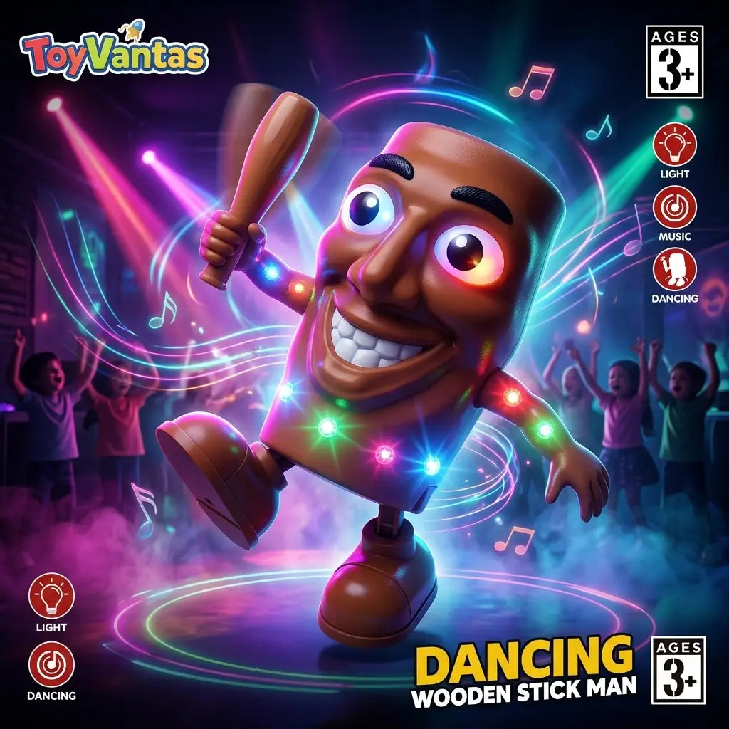 Dancing Wooden Stick Man Toy with Music & LED Lights