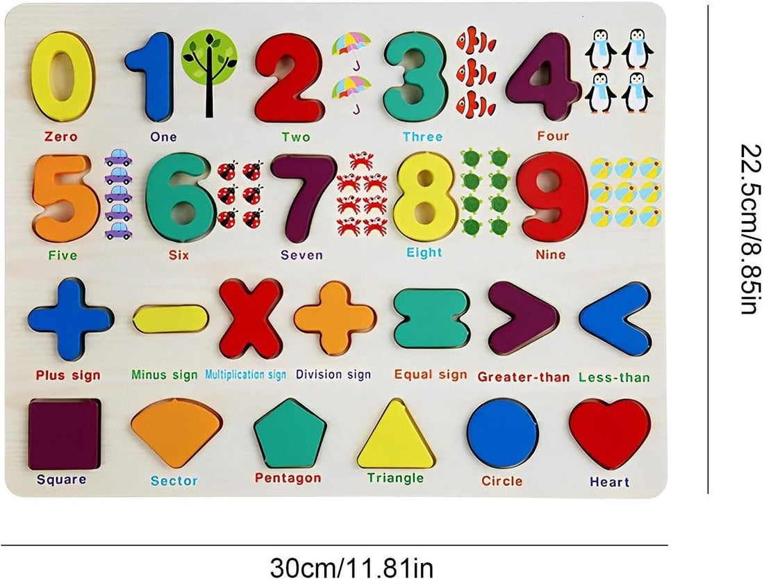 Wooden Colorful Mathematical Numbers, Geometric Shapes & Signs Puzzle Board