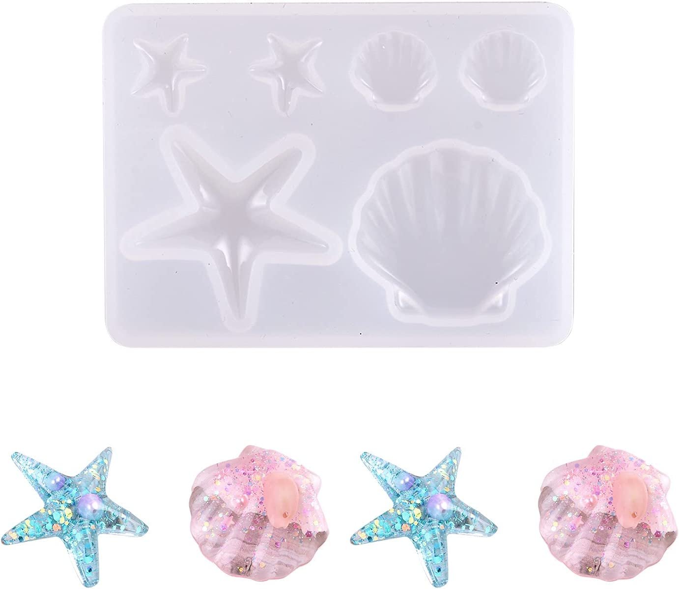 6 Cavity Mini 3D Sea Shell & Star Fish Shaped Clear